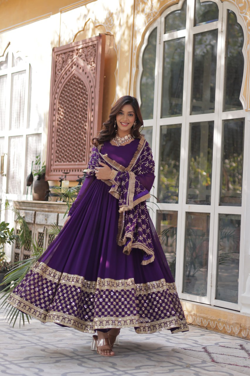 Purple color faux blooming gown with dupatta design