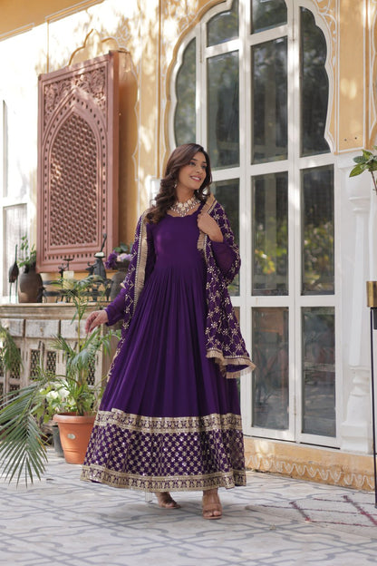 Purple color faux blooming gown for wedding
