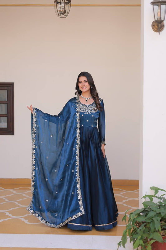 Blue color burberry silk long gown 