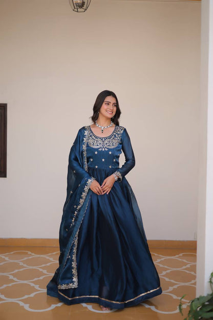 Blue color burberry silk long gown for wedding