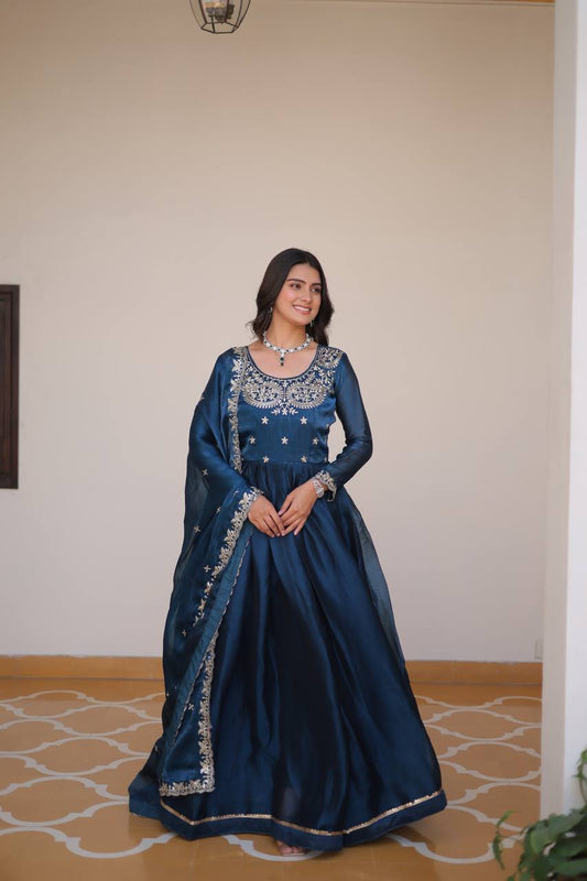 Blue color burberry silk long gown for wedding