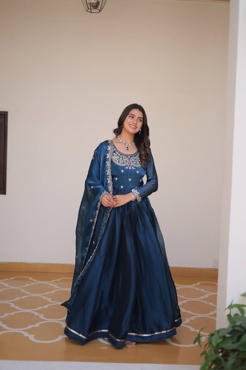 Blue color burberry silk long gown with dupatta 