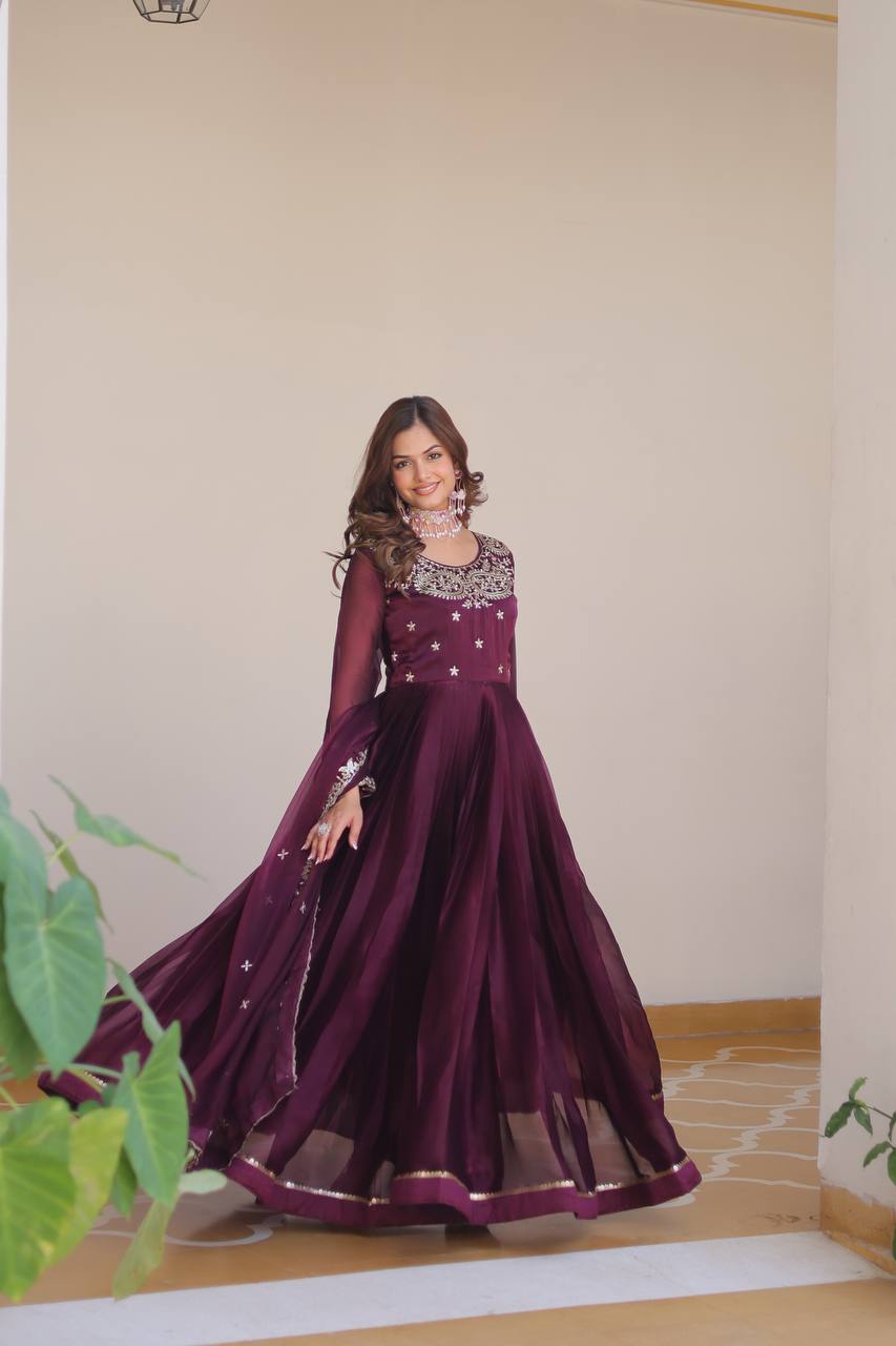 Wine color burberry silk long gown for wedding