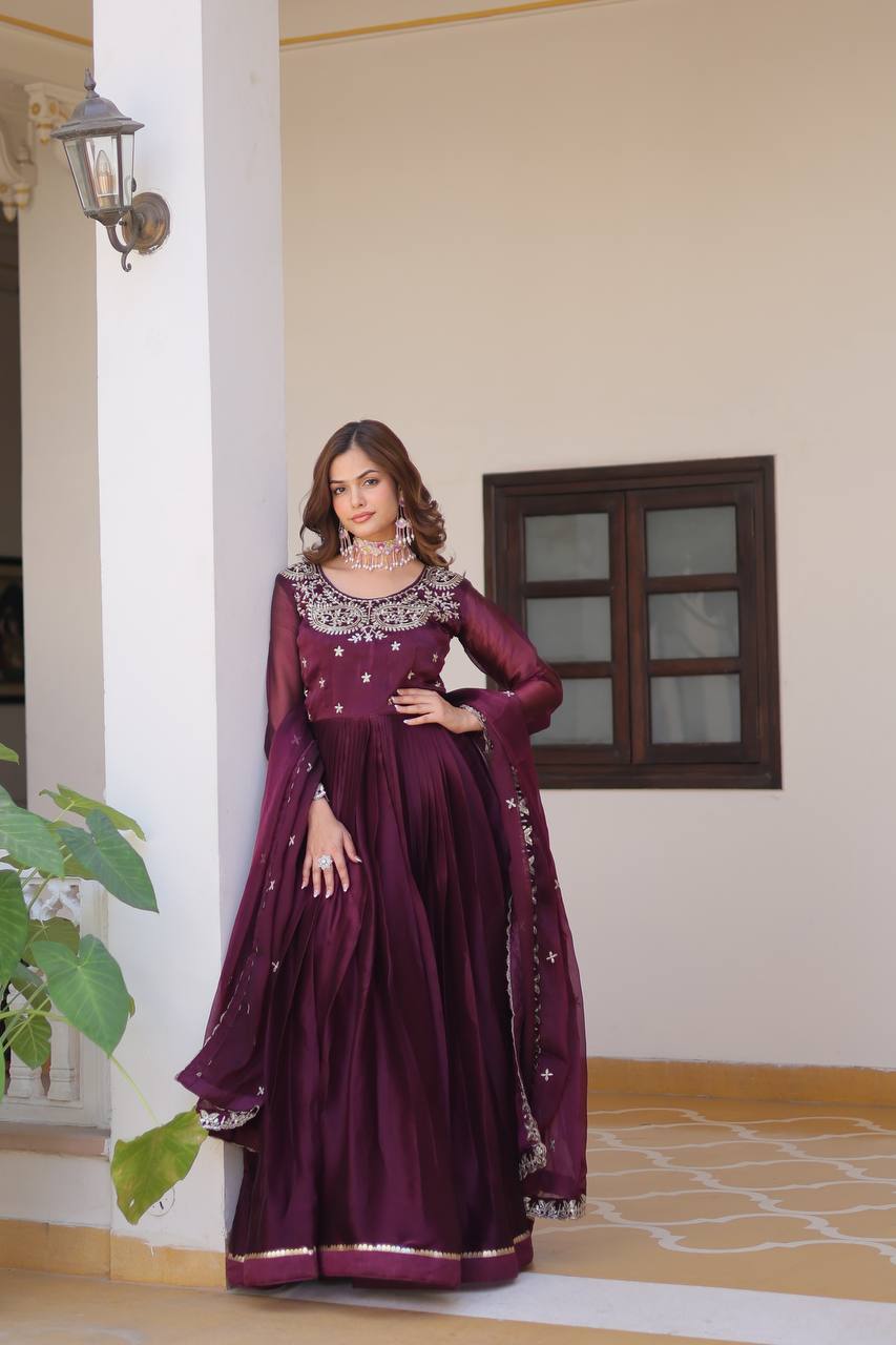 Wine color burberry silk long gown with dupatta