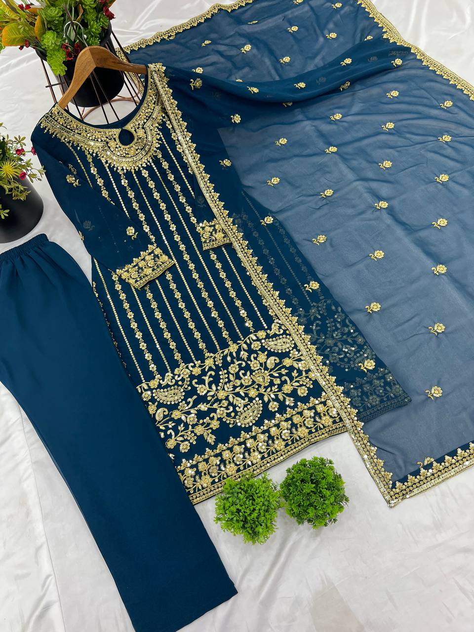 Teal Blue color georgette salwar suit for wedding