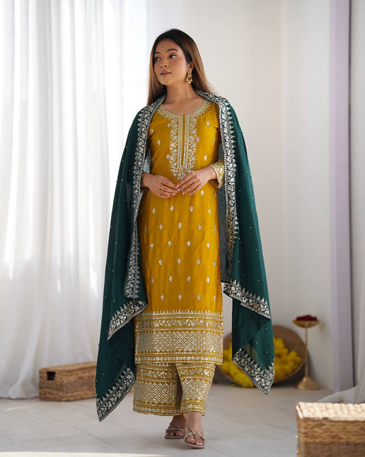 Yellow color chinon silk plazzo suit for women