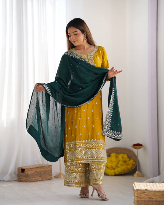 Yellow color chinon silk plazzo suit for wedding