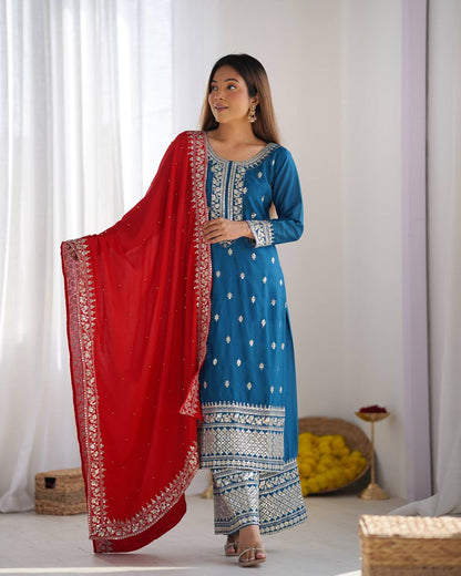 Blue color chinon silk sharara suit for women