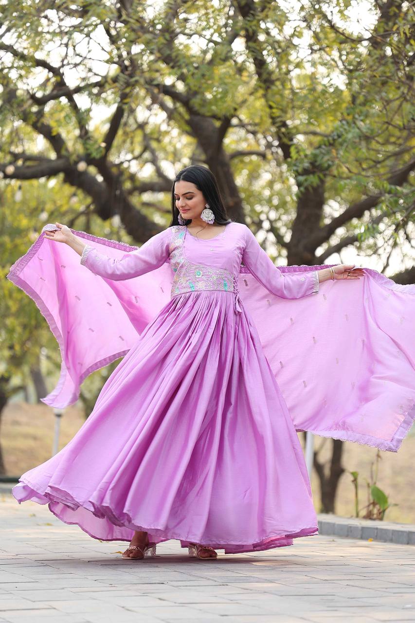 Pink color chinon long gown for women