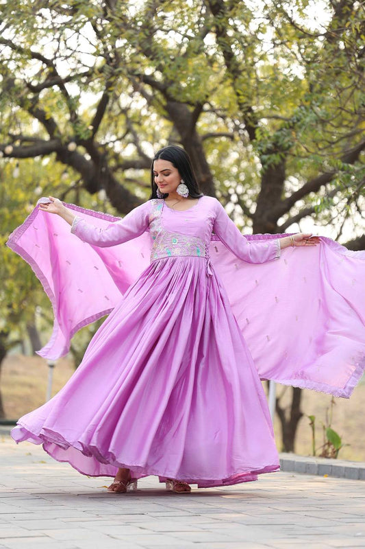 Pink color chinon long gown for women