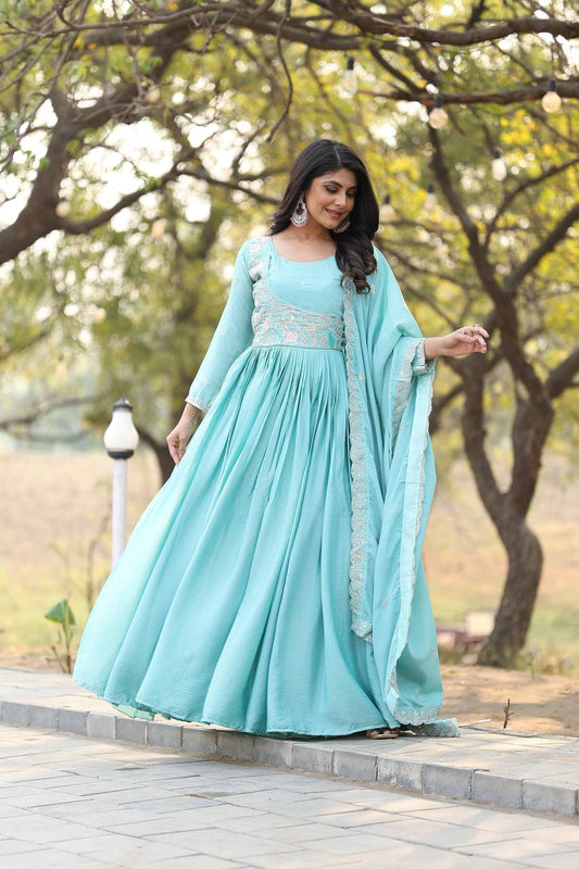 Sky color chinon long gown with dupatta online