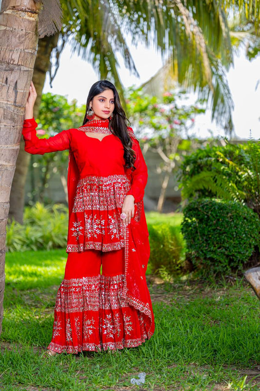 Red color georgette sharara suit for women