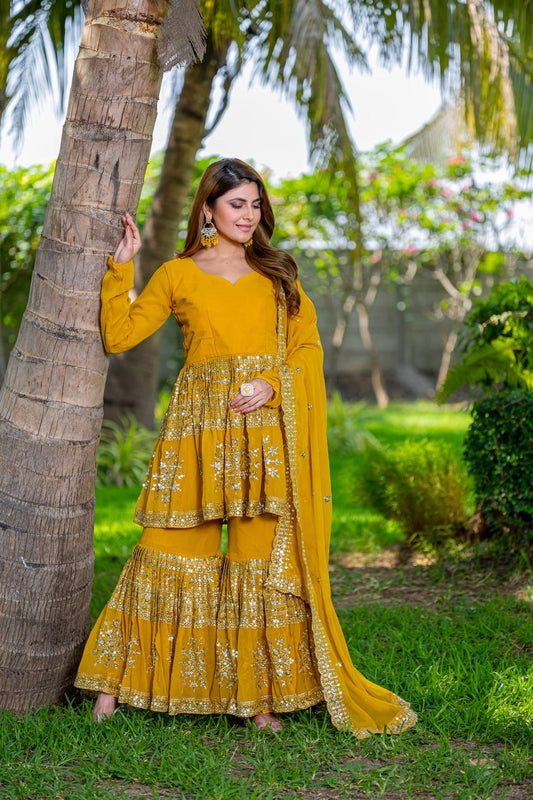 Yellow color georgette sharara suit for women