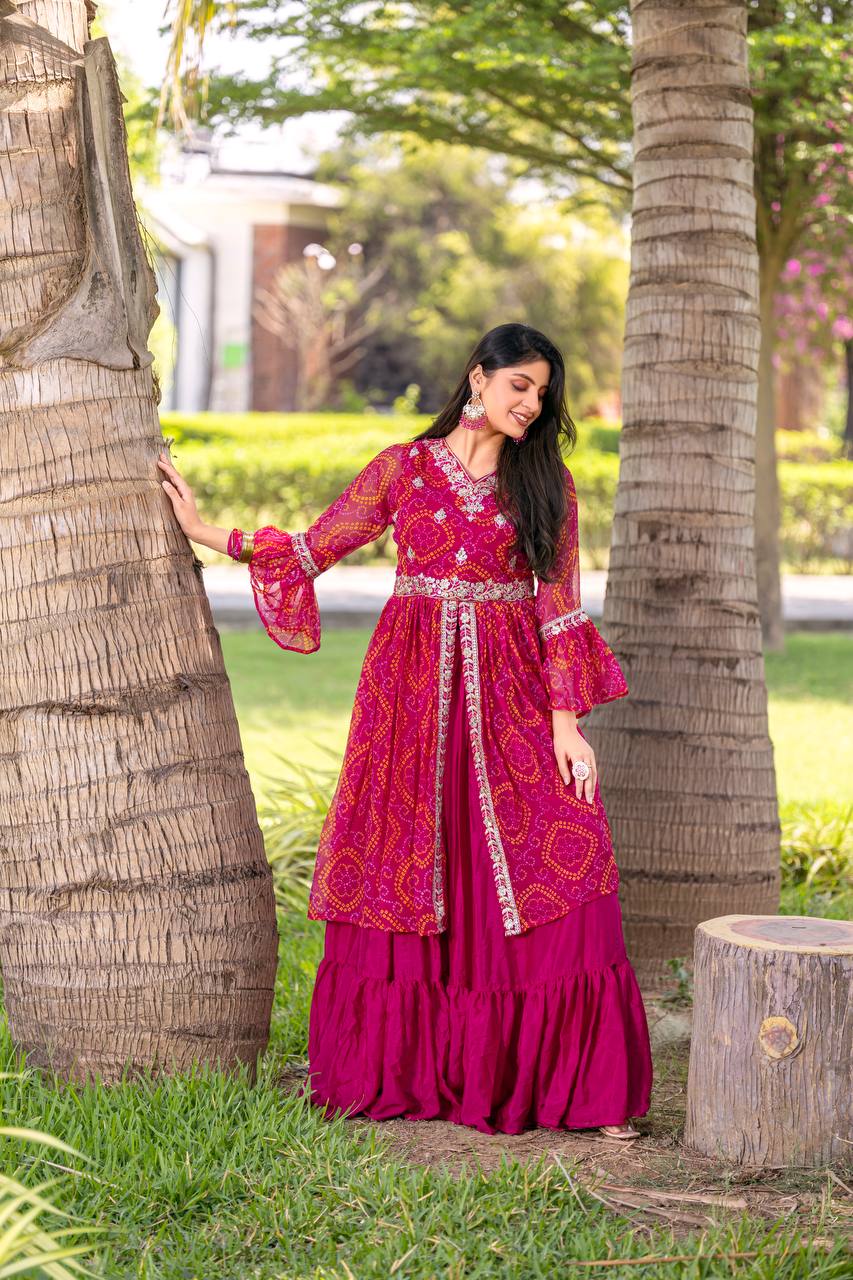 Pink color pure bandhej lehenga with top price 
