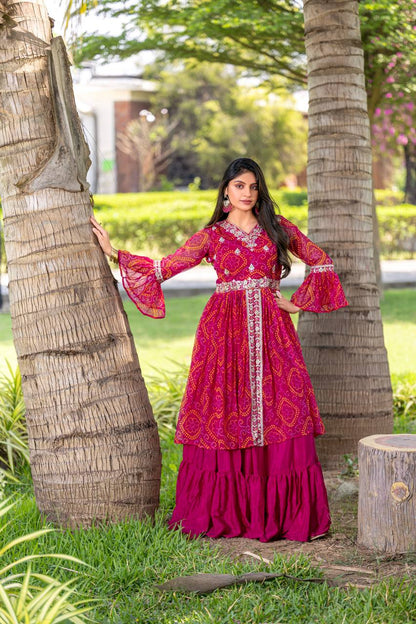 Pink color pure bandhej lehenga with top