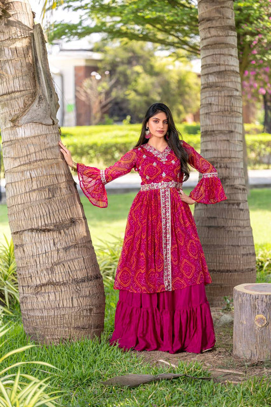 Pink color pure bandhej lehenga with top