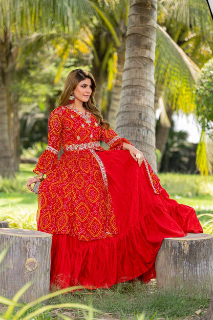Red color pure bandhej lehenga with top online