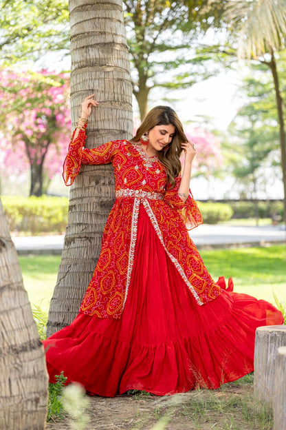 Red color pure bandhej lehenga with top