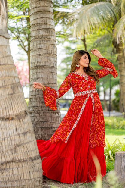 Red color pure bandhej lehenga with top price