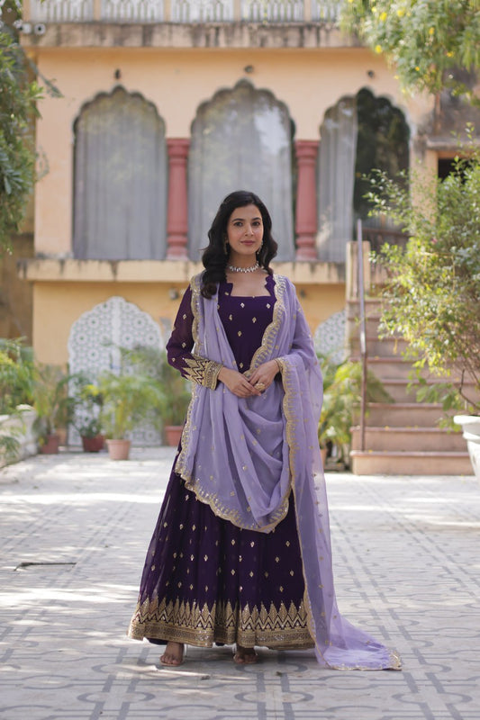 Purple color faux blooming gown for women