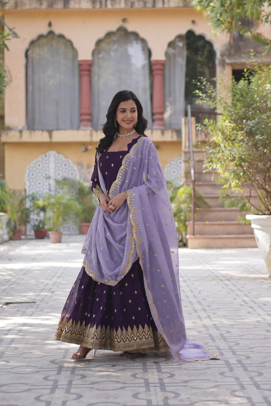 Purple color faux blooming gown for women online