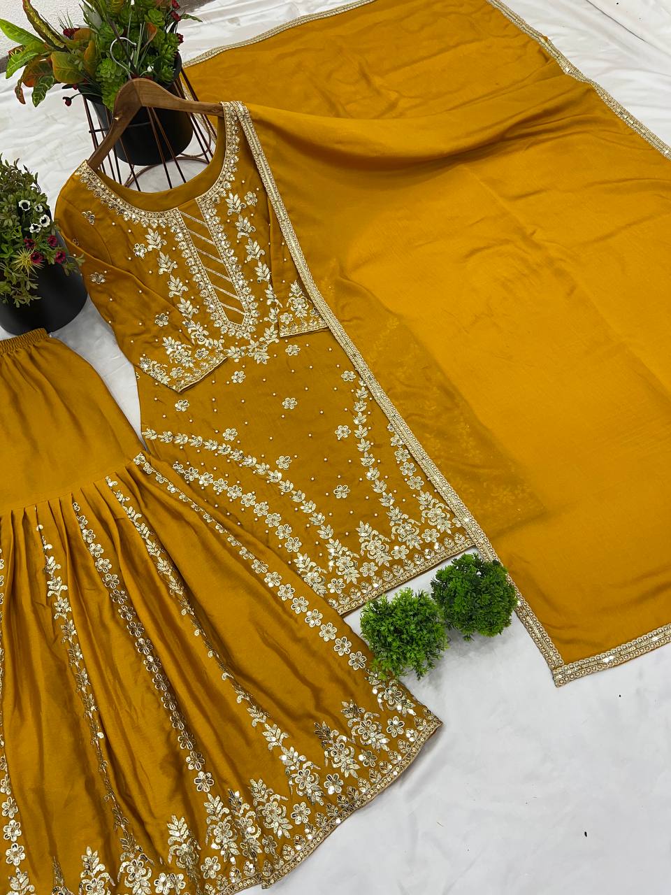 Mustard color georgette sharara suit with dupatta