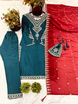 Teal blue color chinon silk salwar suit for women