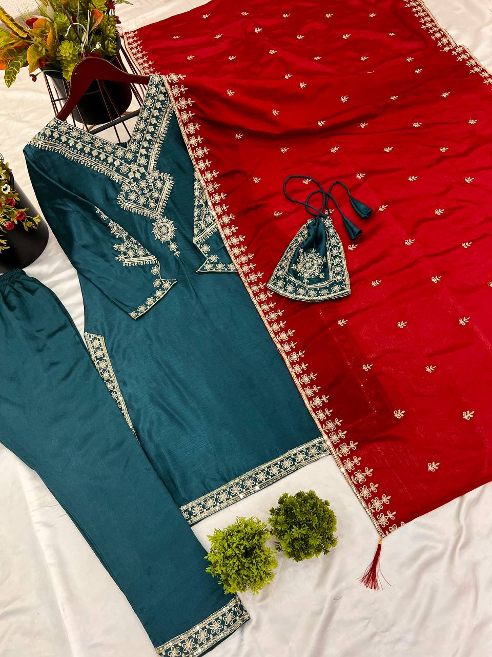 Teal blue color chinon silk salwar suit with online