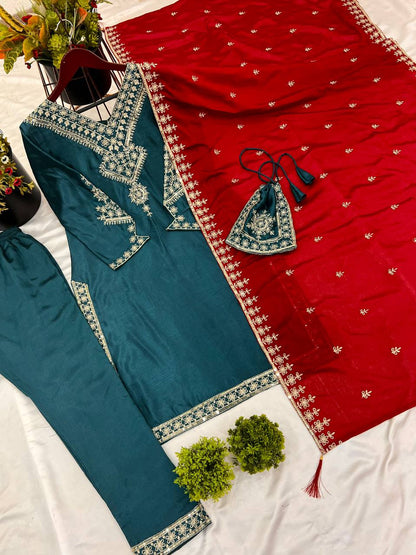 Teal blue color chinon silk salwar suit with online