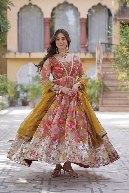 Multi color russian silk gown with dupatta online