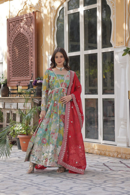Multi color russian silk gown with dupatta online 