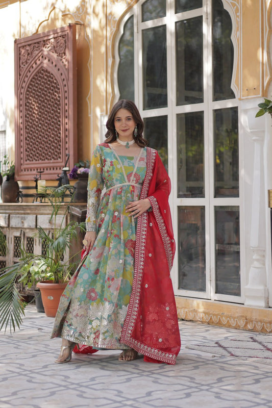 Multi color russian silk gown with dupatta online 