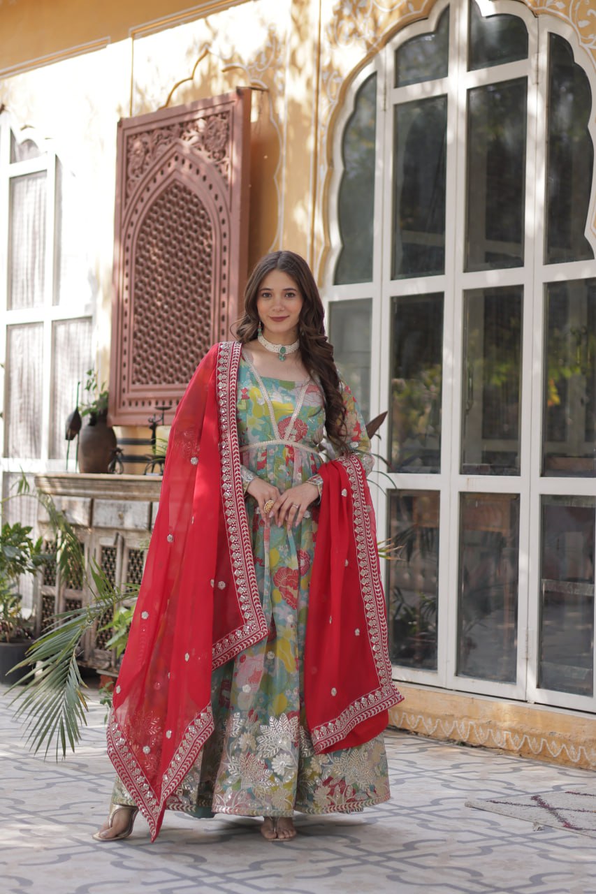 Multi color russian silk gown with dupatta design