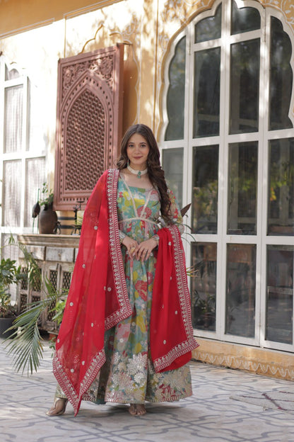 Multi color russian silk gown with dupatta design