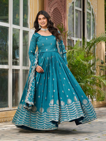 Rama color vichitra silk gown with dupatta