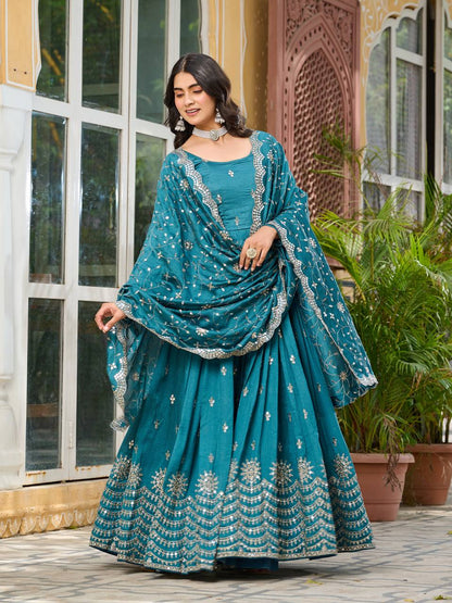 Rama color vichitra silk gown with dupatta price