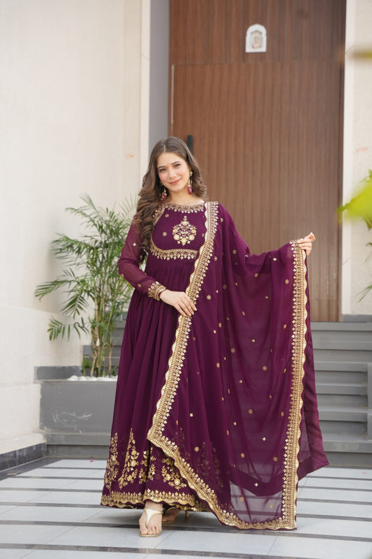 Wine color faux blooming gown for women