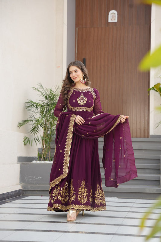 Wine color faux blooming gown with dupatta 