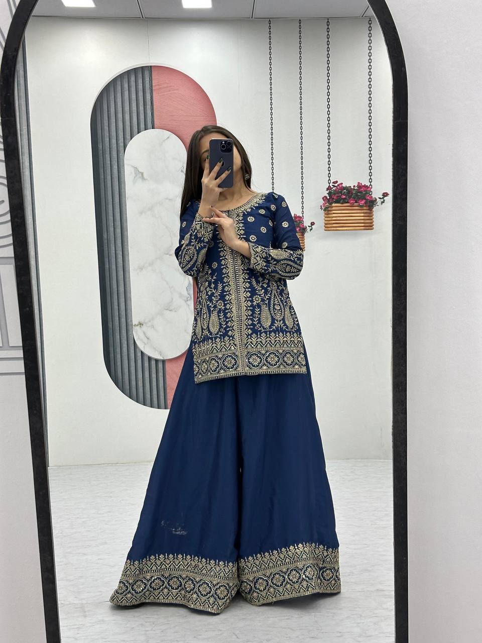 Blue color chinon sharara suit with dupatta