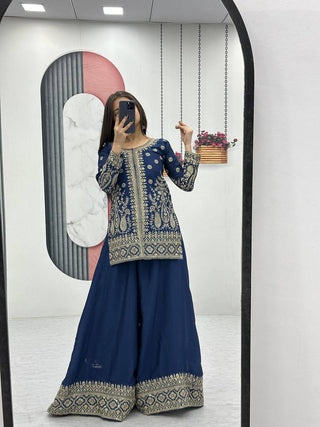 Blue color chinon sharara suit for wedding