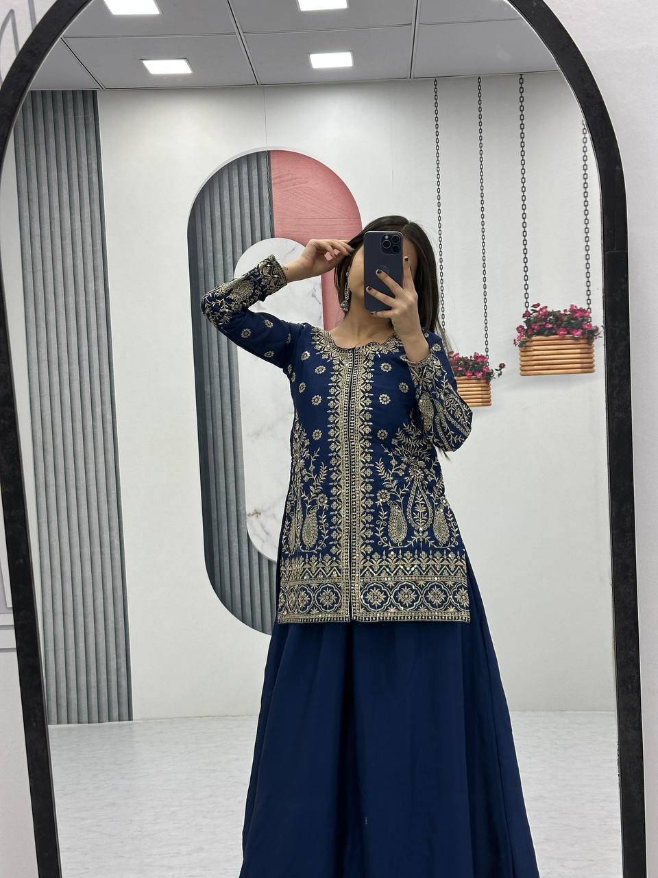 Blue color chinon sharara suit with dupatta online