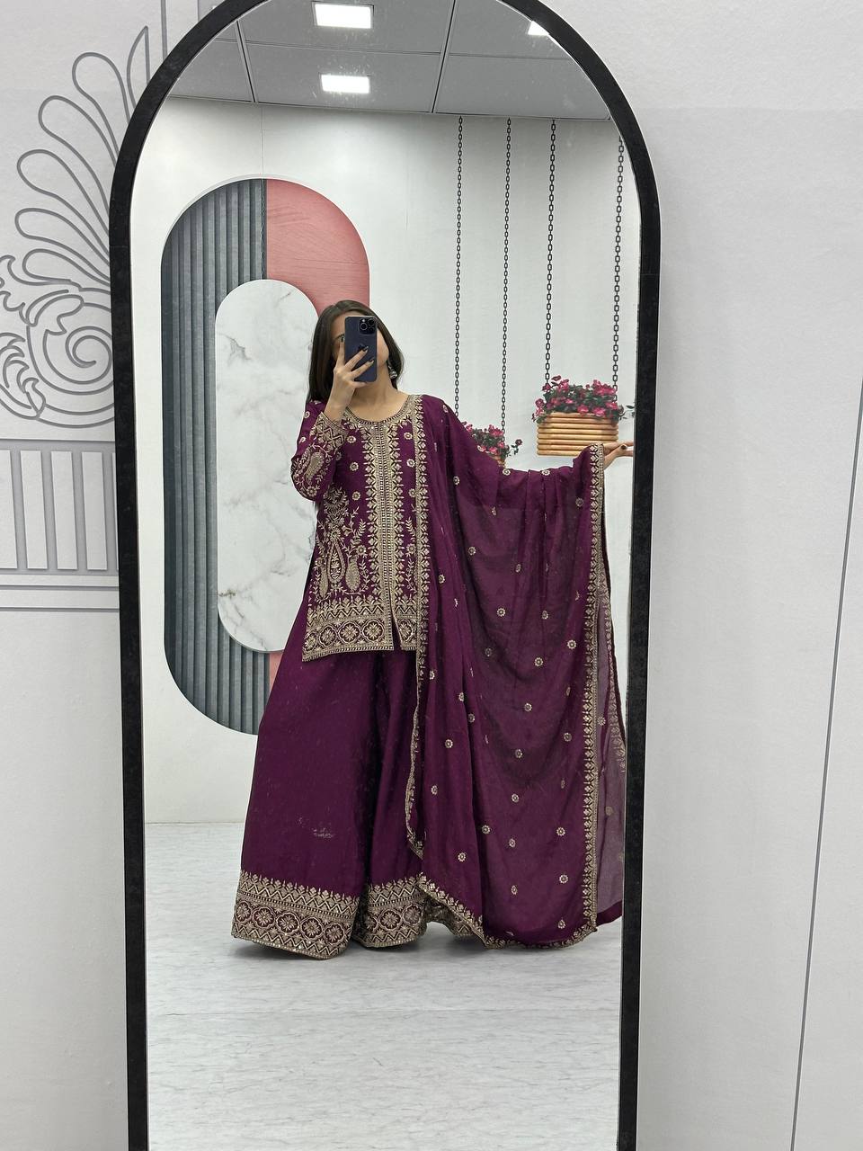 Wine color georgette sharara suit with dupatta price