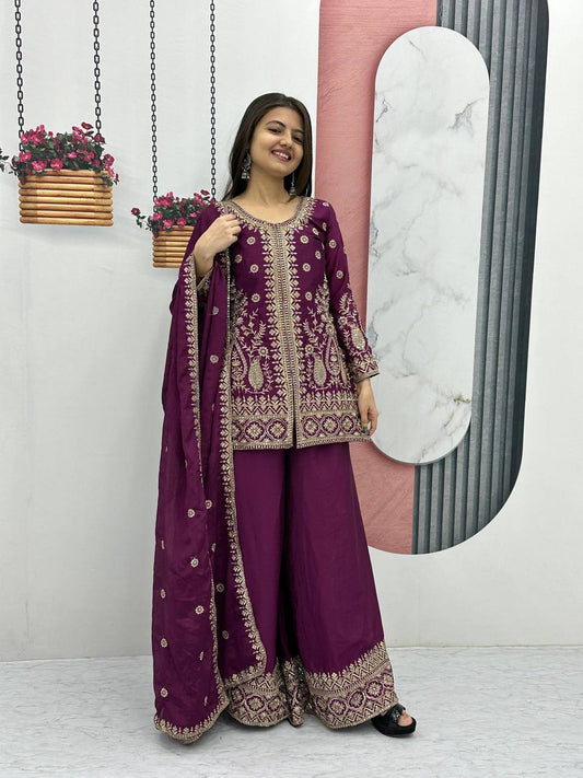 Wine color georgette sharara suit for wedding