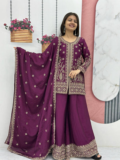 Wine color georgette sharara suit for women