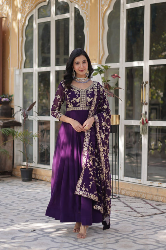 Purple color faux blooming gown for women