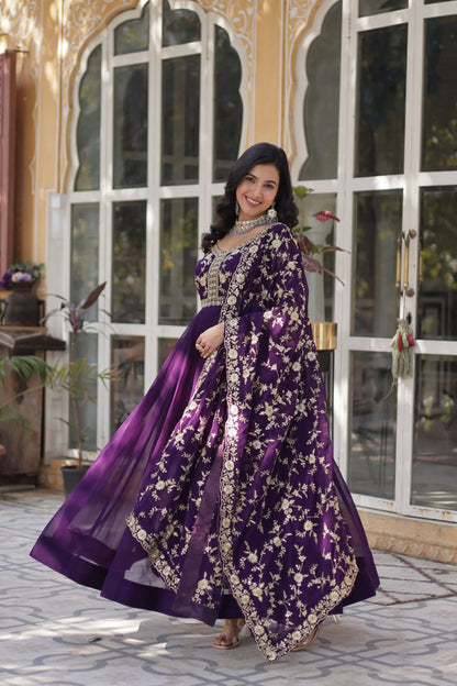 Purple color faux blooming gown with dupatta online