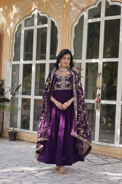 Purple color faux blooming gown with dupatta price