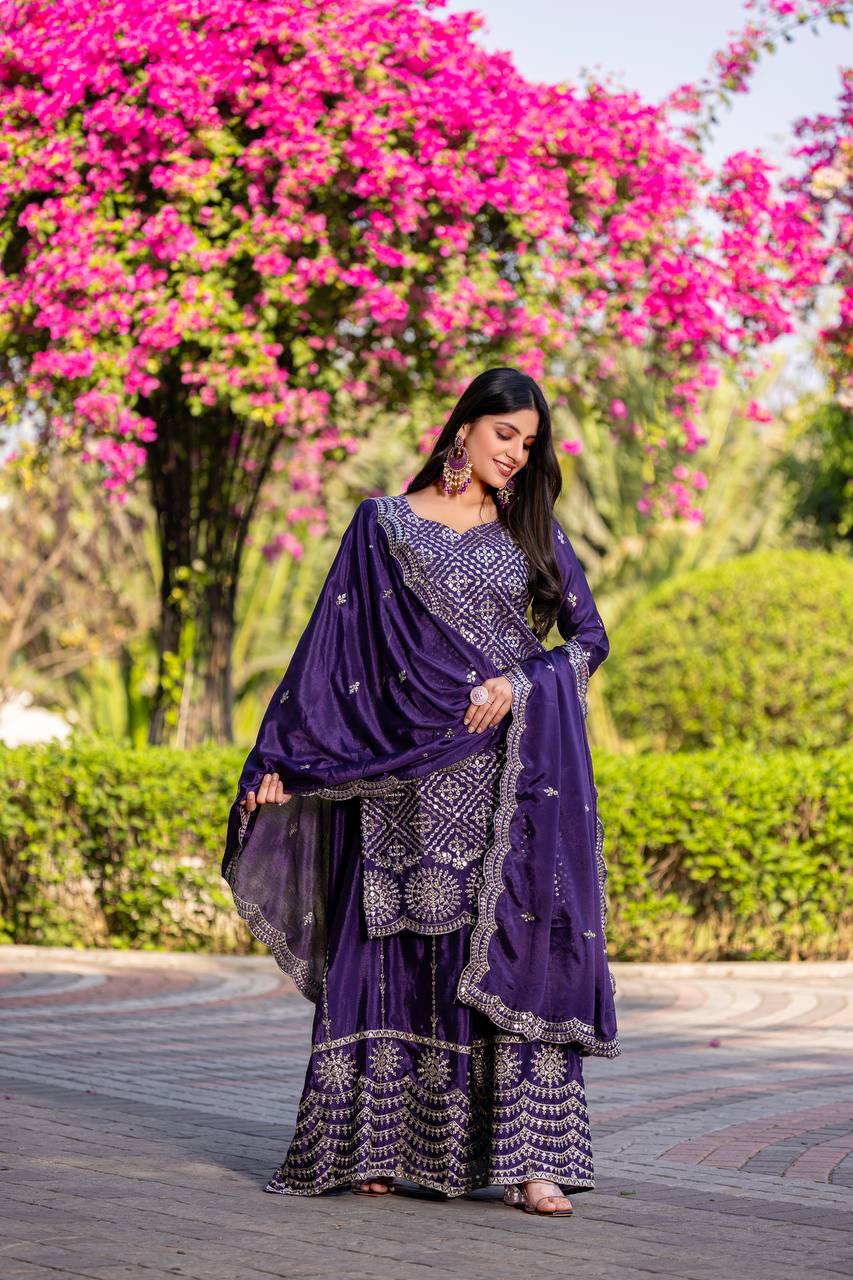 Purple color chinon sharara suit with dupatta images