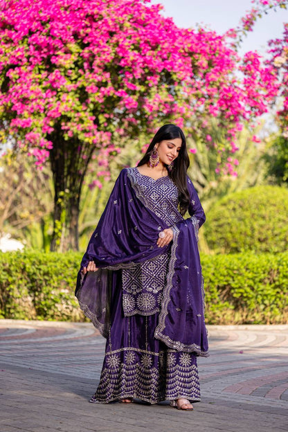 Purple color chinon sharara suit with dupatta images