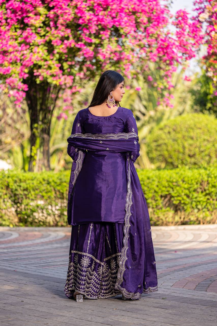 Purple color chinon sharara suit with online shopping